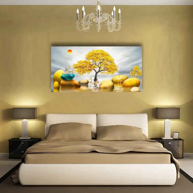 Abstract Yellow Tree and Stones in Lake Wall Art canvas office home room framed 120x60cm