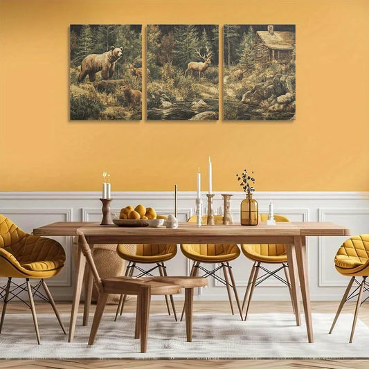 3pcs Rustic Wildlife Deer & Bears with an Old Cabin Metal Print Ready to Hang Art