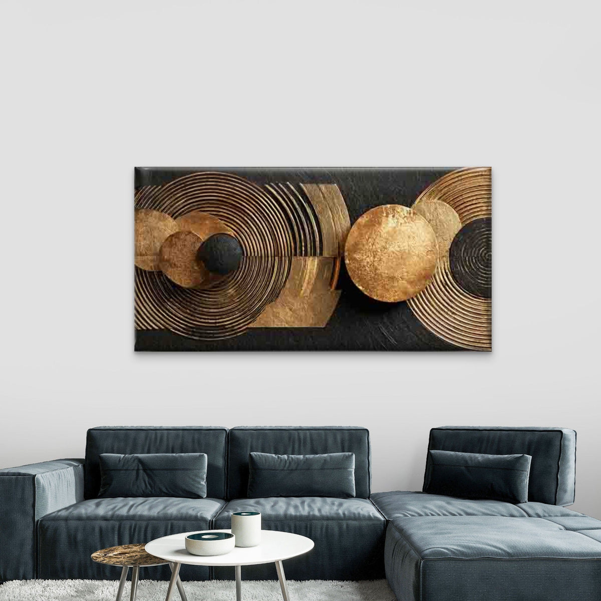 Golden Circles on a Black Wall Art Canvas Office Home Room Framed 120x60cm