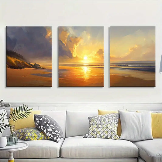 3pcs Majestic Beachscape with Golden Hour Sunlight Metal Print Ready to Hang Art