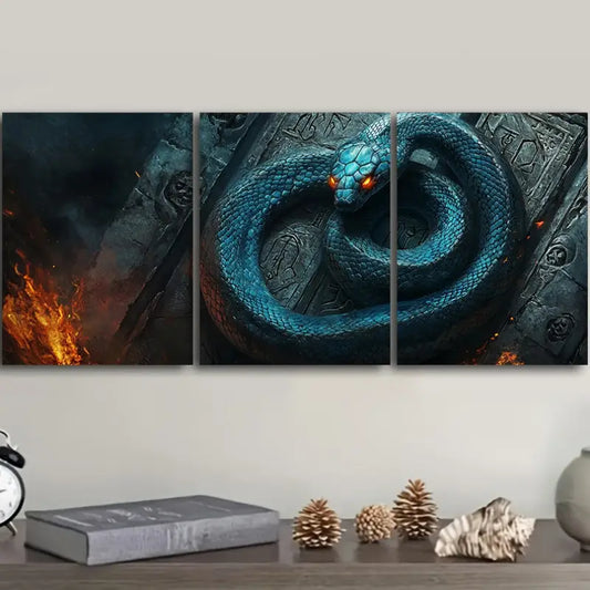 3pcs Mystical Blue Snake with Fiery Eyes on Fire Metal Print Ready to Hang Art
