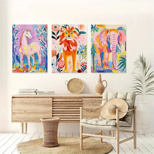 3pcs Colorful Animal Art, Horse, Lion and Elephant Metal Print Ready to Hang Art