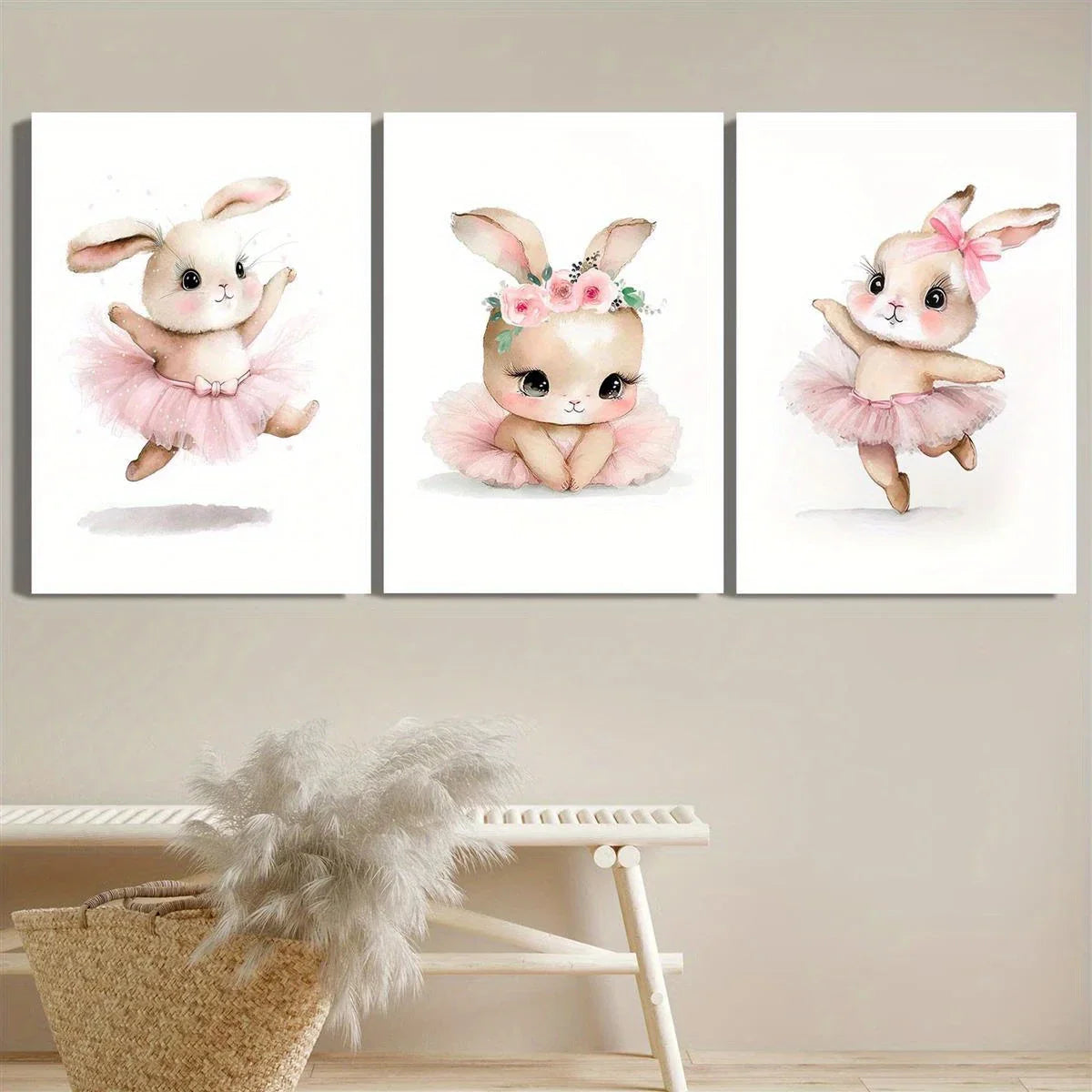 3pcs Cartoon Bunny Wearing Light Pink Tutu Ballet Dancing Metal Print Ready to Hang Art