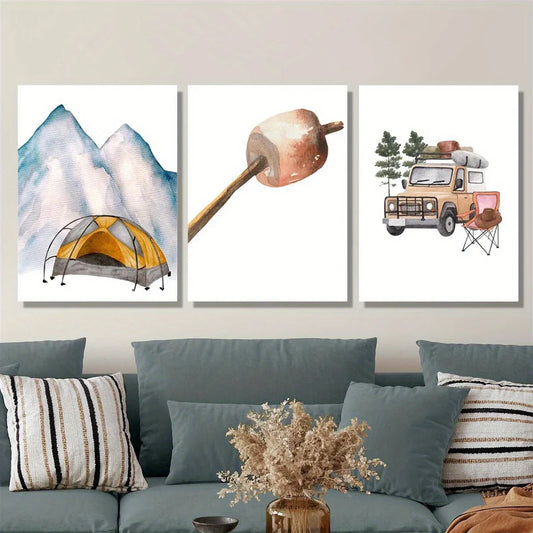 3pcs Watercolor outdoor camping print, woodland tent Metal Print Ready to Hang Art