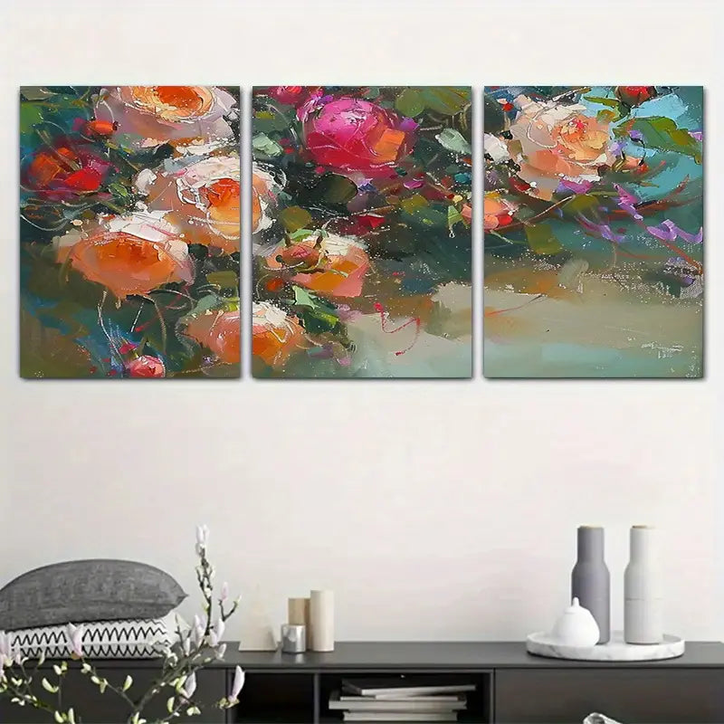 3pcs Vibrant Red, Orange & Blue Flowers with Green Leaves Metal Print Ready to Hang Art