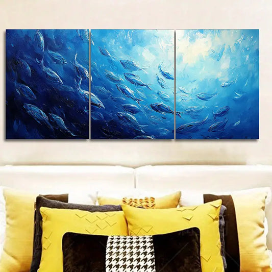 3pcs School of Fish Design Dark Blue Ocean Metal Print Ready to Hang Art
