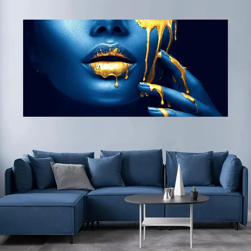 Modern American Style Vibrant Blue & Golden Abstract Wall Art wall canvas office home room framed 120x60cm