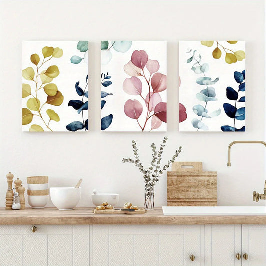 3pcs Vibrant Pink, Blue, and Green Floral Eucalyptus Leaf Metal Print Ready to Hang Art