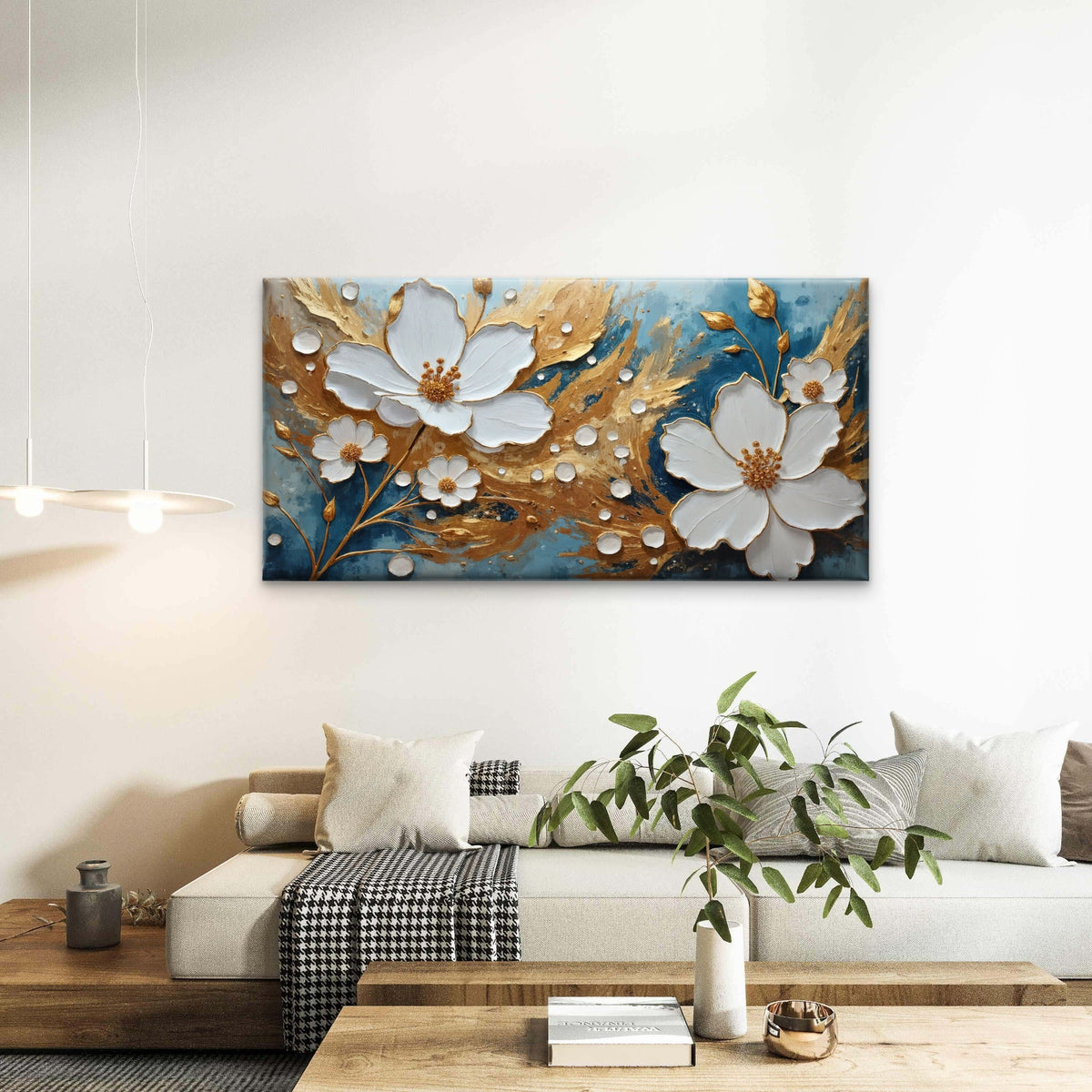 Modern Teal Gold Foil White Blossom Wall Art Canvas Office Home Framed 120x60cm