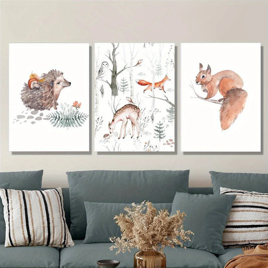3pcs Watercolor Forest Animals Hedgehog, Squirrel & Deer Metal Print Ready to Hang Art