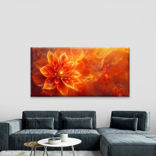 Vibrant Orange Fire Floral Wall Art Canvas Office Home Room Framed 80x45cm