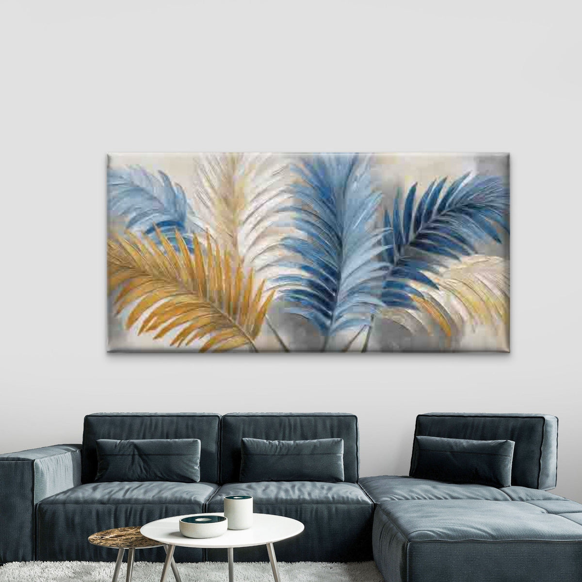 Blue Golden Tropical Palm Leaf Wall Art Canvas Office Home Room Framed 80x45cm