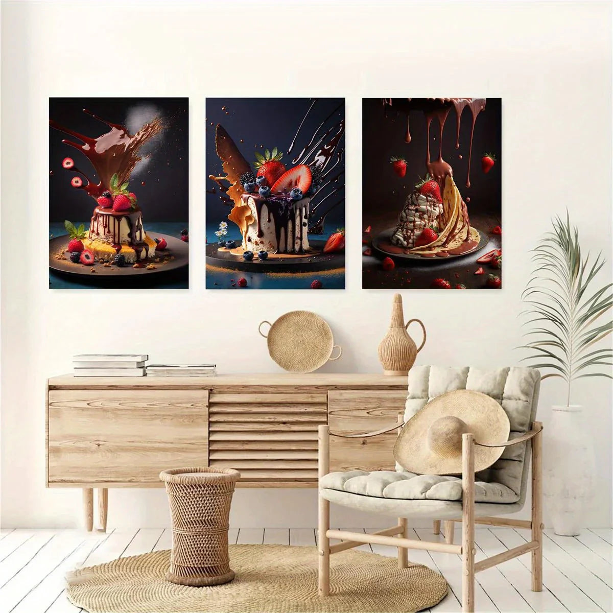 3pcs Berries, Chocolate, Berry, Food, Sweet, Tasty, Dessert Metal Print Ready to Hang Art
