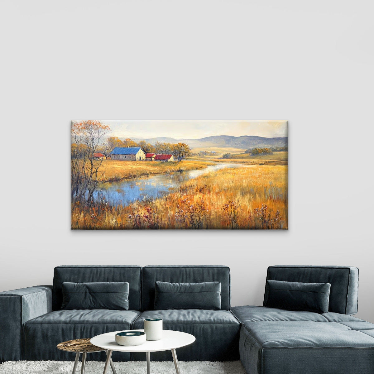 Golden Fields Near Farm Wall Art Canvas Office Home Room Framed 120x60cm