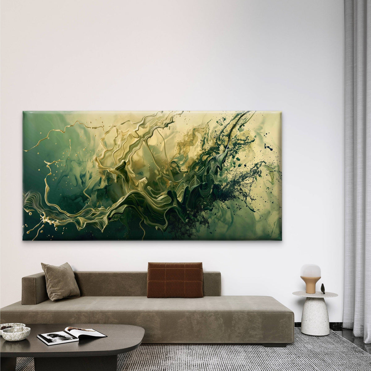 Abstract Green Gold Swirling Wall Art Canvas Office Home Room Framed 80x45cm