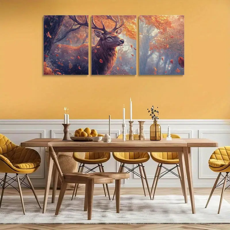 3pcs Vibrant Autumn Forest Scene with Deer Metal Print Ready to Hang Art