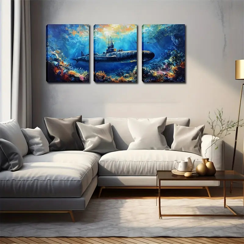 3pcs Submarine in Deep Sea Wall Art Set Canvas Framed 40x60cm - High Quality Print 100% Australian Made Wall Canvas Ready to Hang