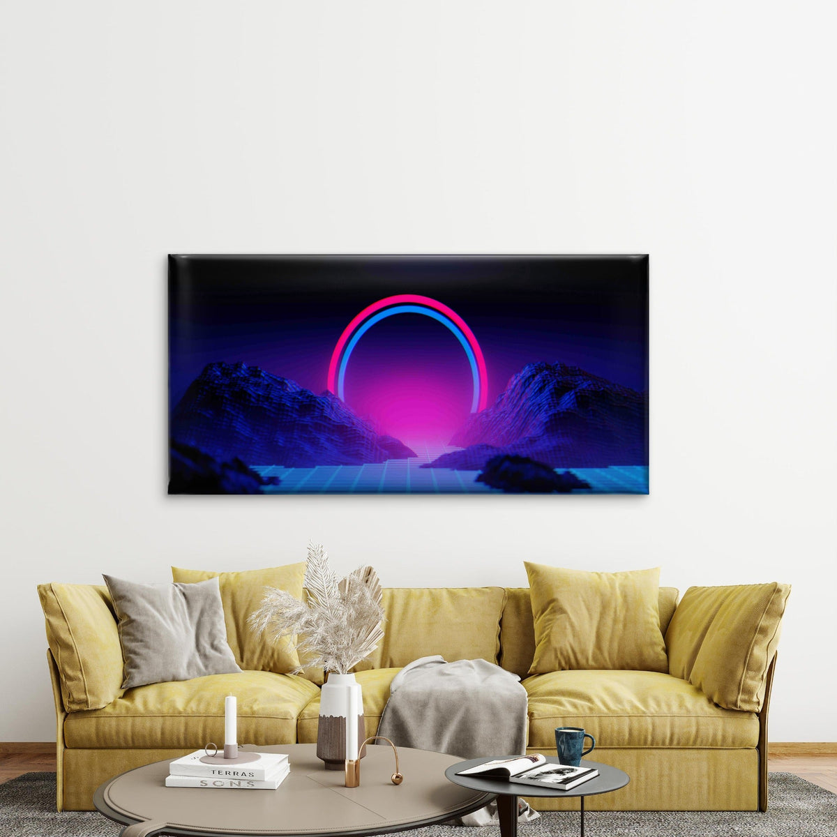 Neon Glow Over Digital Mountain Wall Art Canvas Office Home Room Framed 120x60cm