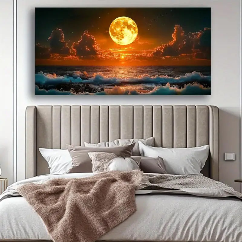odern Red Oil Painting Seascape Full Moon & Waves Wall Art canvas office home room framed 120x60cm