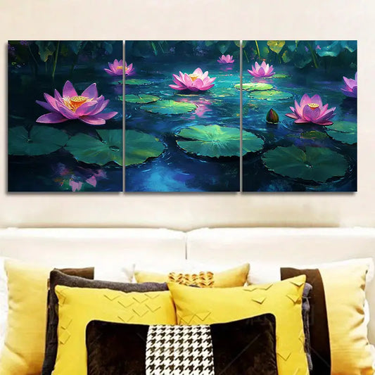 3pcs Water Lilies in Moonlight Metal Print Ready to Hang Art