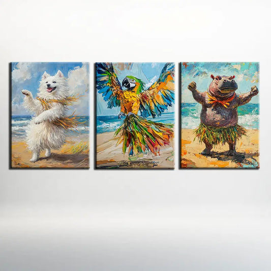 3pcs Impressionistic Dancing Seaside Animals Painting Metal Print Ready to Hang Art