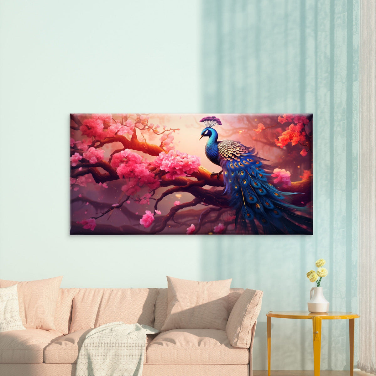 Peacock Among Pink Flowers Wall Art Canvas Office Home Room Framed 120x60cm