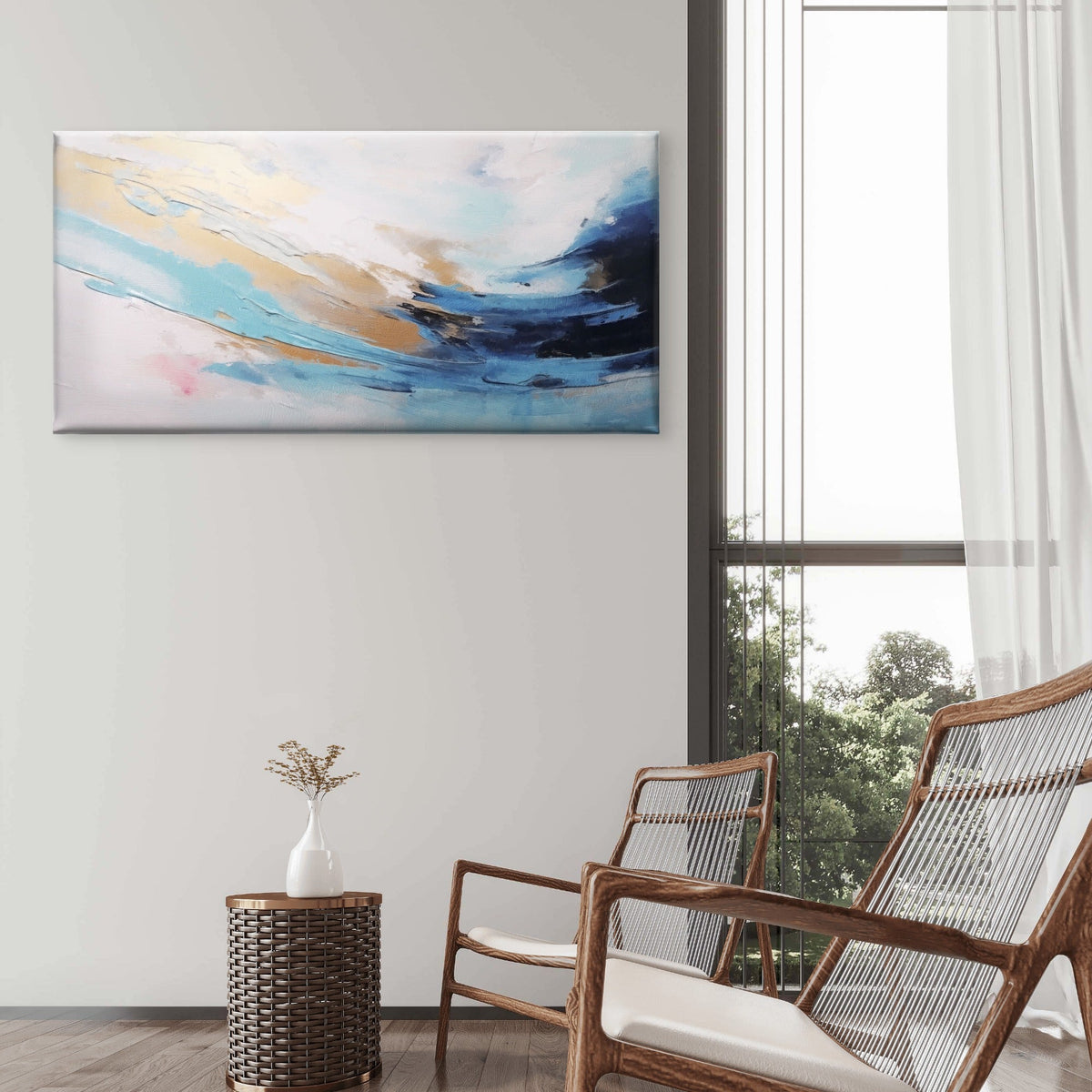 Blue Gold Ocean Swirl Sweep Wall Art Canvas Office Home Room Framed 120x60cm