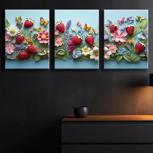 3pcs Beautiful Strawberries Metal Print Ready to Hang Art