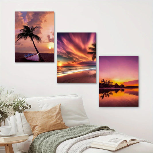 3pcs Palm Tree & Boat, Vibrant Sunset & Ocean Scenes Metal Print Ready to Hang Art