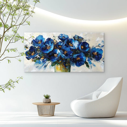 Blue Floral Abstract Art Wall Art Canvas Office Home Room Framed 80x45cm