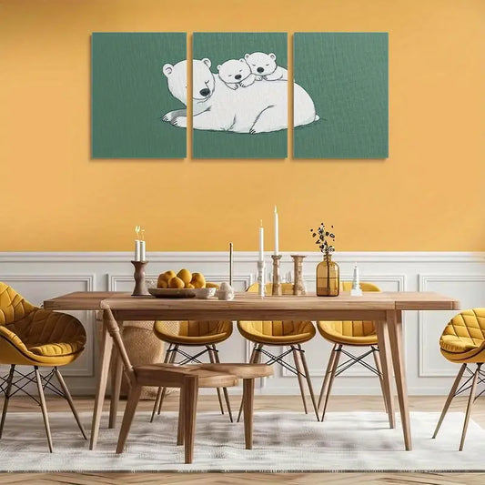 3pcs Cute Bear & Youngsters Bear Green, White & Gray Metal Print Ready to Hang Art