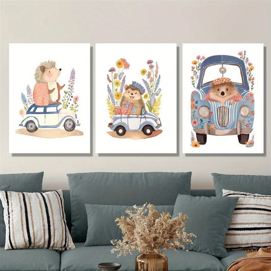 3pcs Vintage Hedgehog Animals and Flowers Classic Design Metal Print Ready to Hang Art