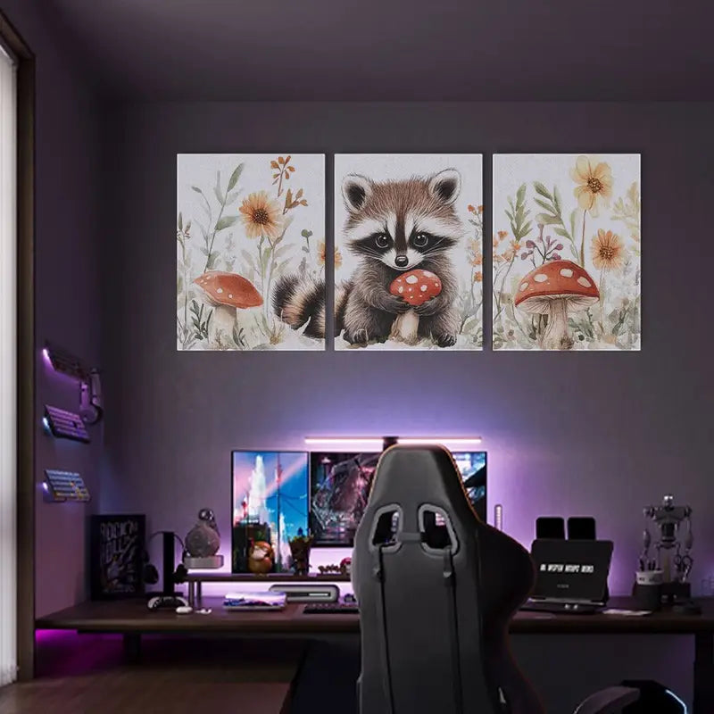 3pcs Watercolor Adorable Raccoon Artworks Metal Print Ready to Hang Art