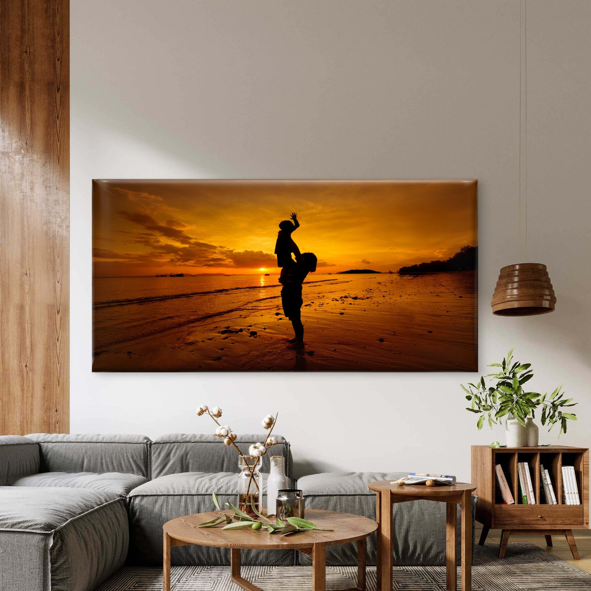 Silhouetted Family Fun On Sand Wall Art Canvas Office Home Room Framed 80x45cm