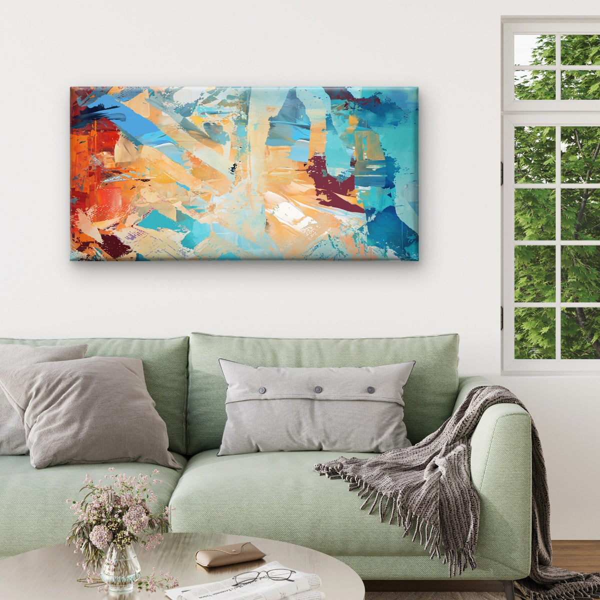 Teal Orange Blue Splash Pattern Wall Art Canvas Office Home Room Framed 120x60cm