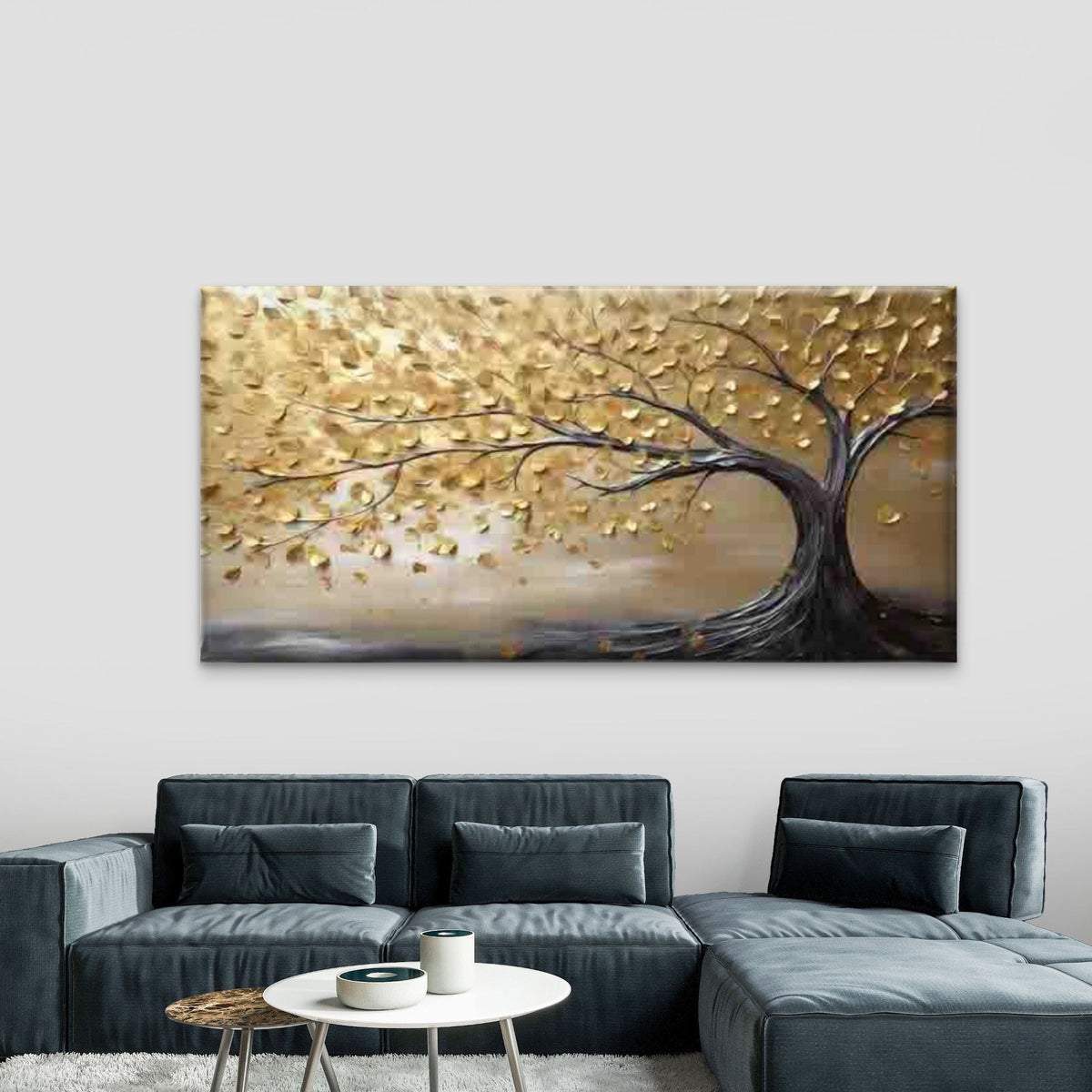 Golden Tree Falling Leaves Wall Art Canvas Office Home Room Framed 80x45cm