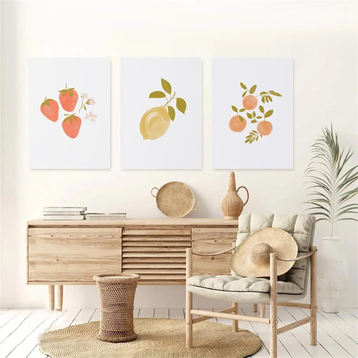 3pcs Watercolor Strawberry, Pear, Apple Classic Design Metal Print Ready to Hang Art