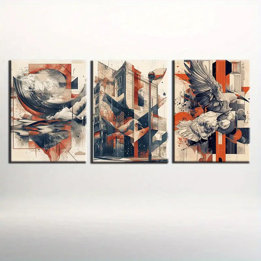 3pcs Gray Orange Geometric Pattern Abstract Metal Print Ready to Hang Art