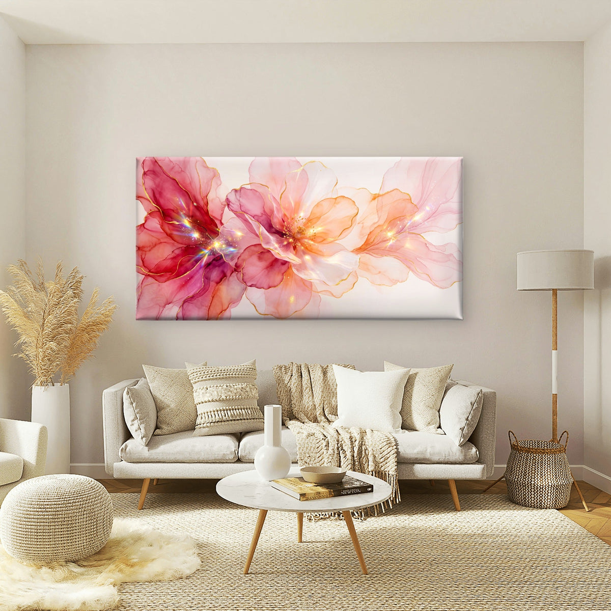 Abstract Pink Floral Watercolor Gold Sparkles Peach Wall Art Canvas Office Home Room Framed 80x45cm