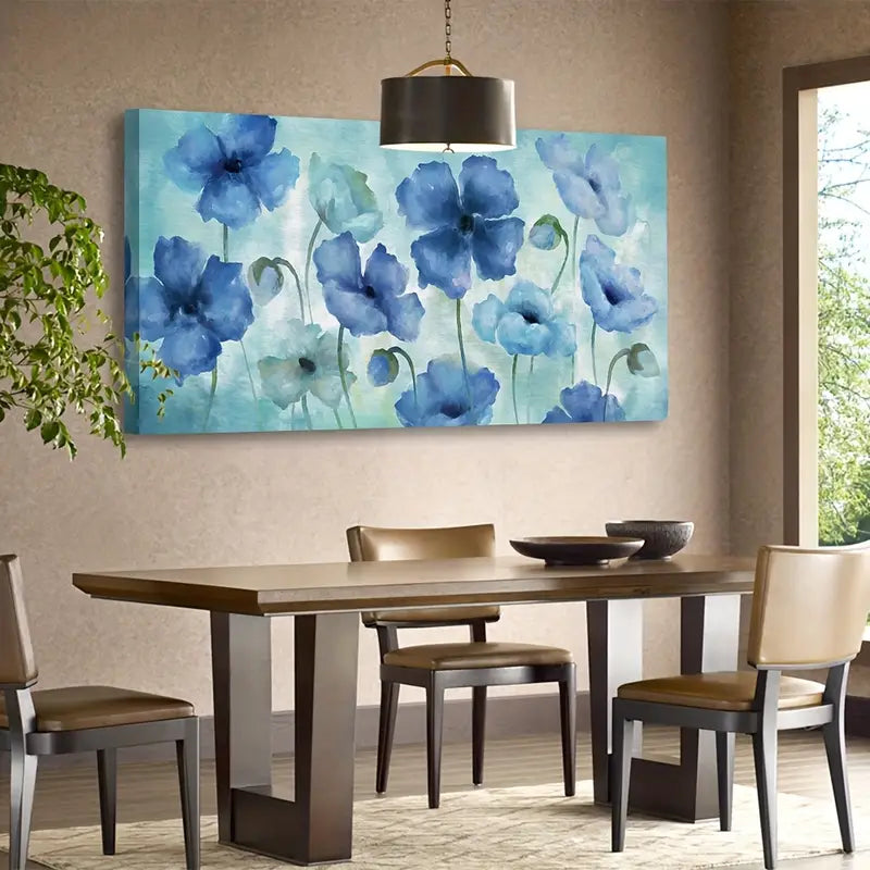 Blue Abstract Floral Indigo Blossom Wall Art canvas office home room framed 120x60cm