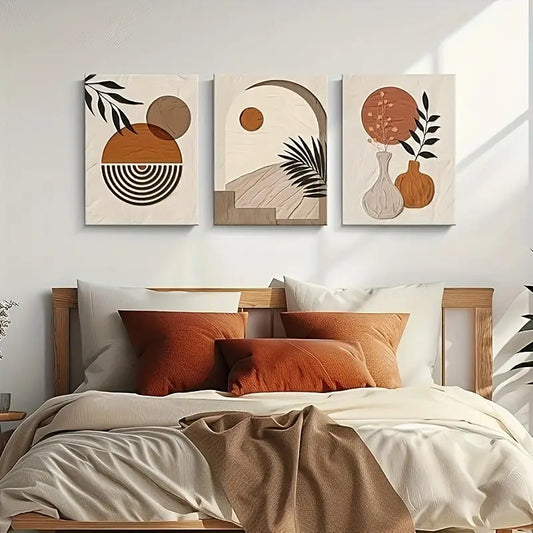 3pcs Boho Beige & Orange Abstract Shapes Metal Print Ready to Hang Art