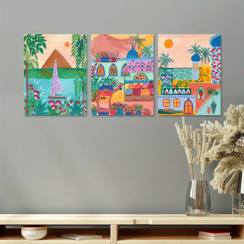 3pcs Morocco Creative house Painting Metal Print Ready to Hang Art