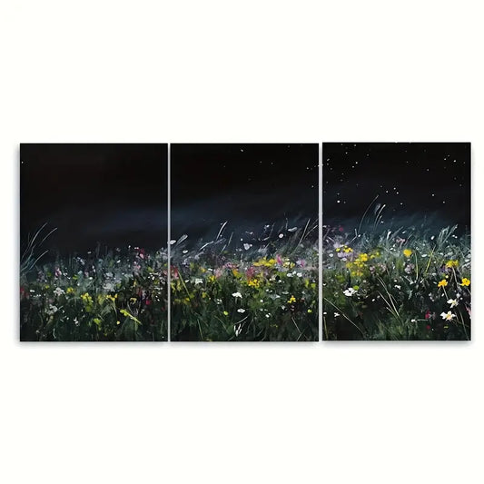 3pcs Sky Stars Meadow Flowers Boho Metal Print Ready to Hang Art