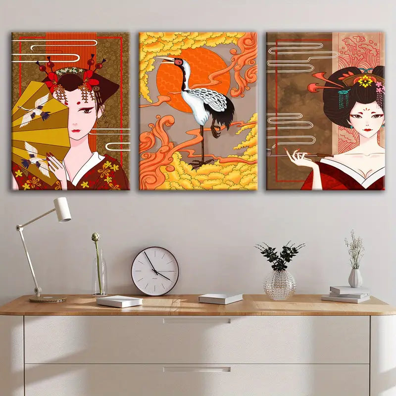 3pcs Japanese Pattern Ladies Fashion Design Metal Print Ready to Hang Art