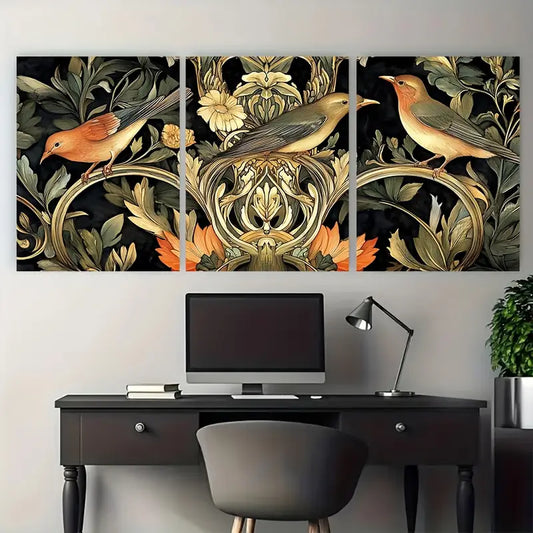 3pcs Brown Beige Songbirds Botanical Metal Print Ready to Hang Art