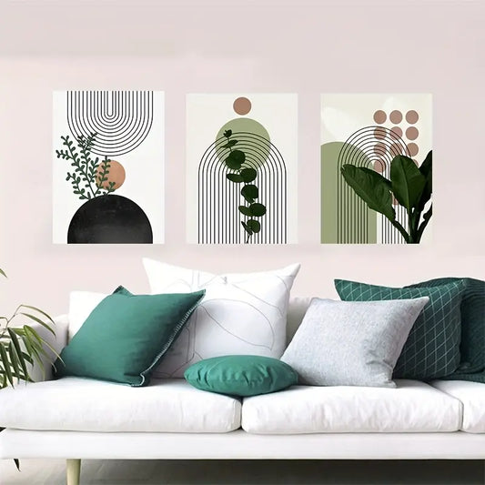 3pcs Green Plant Line Geometric Shapes Metal Print Ready to Hang Art