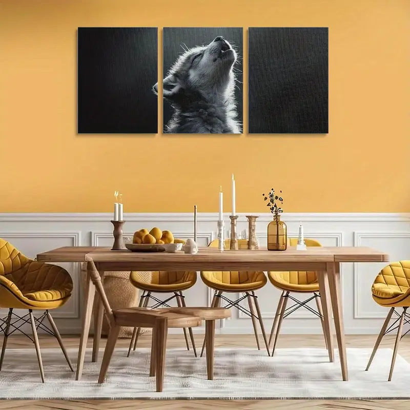3pcs Wolf Pup Howling Monochrome Animal Metal Print Ready to Hang Art