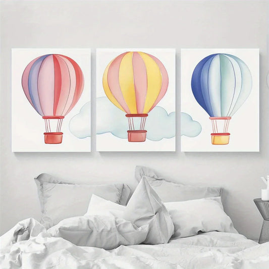 3pcs Hot Air Balloon Watercolor Classic Design Metal Print Ready to Hang Art
