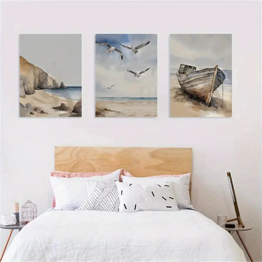 3pcs Watercolor Coastal Ocean Painting Metal Print Ready to Hang Art