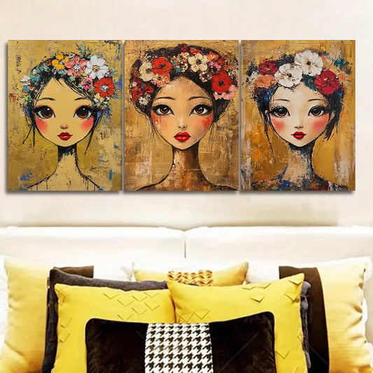 3pcs Featuring a Lovely Girl Adorned with Flowers in Her Hair Metal Print Ready to Hang Art